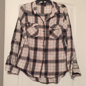 Forever 21 pink and black plaid button down shirt